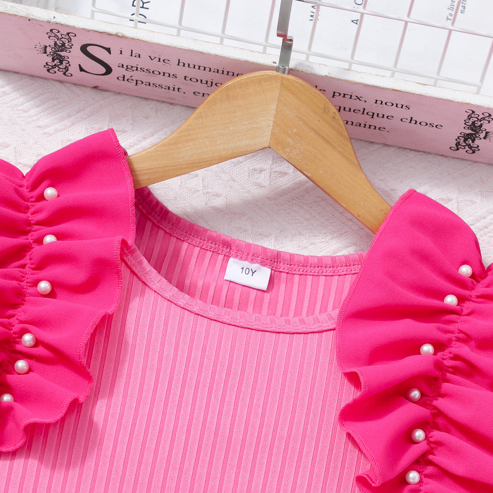 Girls' two-piece set (sizes for mid-to-large children): pearl ruffle top + pearl shorts set