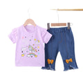 Girls' summer outfit  new kids' cartoon letter short sleeve rainbow pony casual denim two-piece set