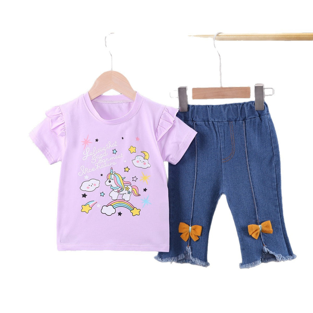 wholesale children's clothing: new girls' summer outfit set - unicorn print short-sleeve t-shirt & soft denim shorts - in stock