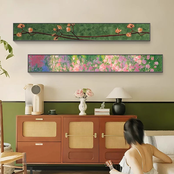 French antique banner living room decorative painting bedroom narrow strip flower hanging painting sofa background wall green hanging painting
