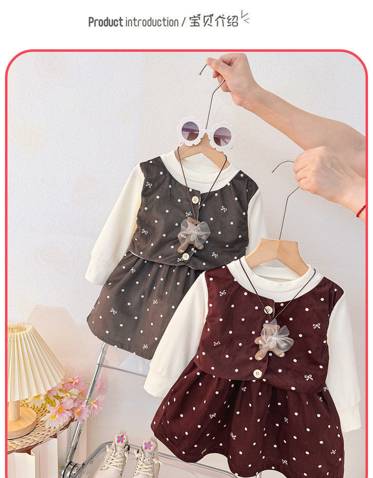 Girllong sleeves round neck patchwork skirt spring & fall dress one-year-old dress for kids baby girl bear polka dot bows style skirt