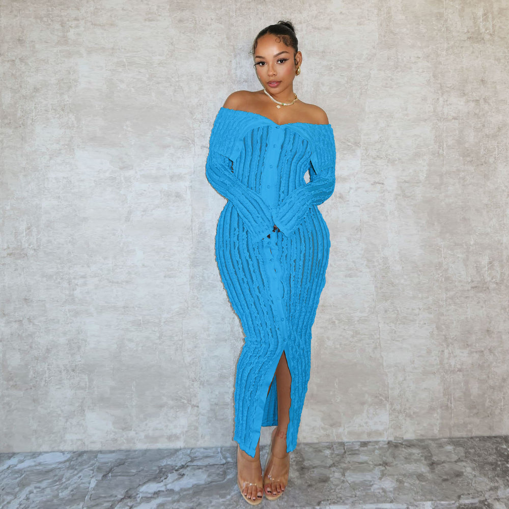 European and american style spring/summer new sexy one-shoulder collar bodycon dress with unique wave pattern long sleeve design