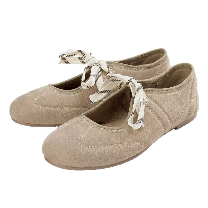 Za2026 summer new women's shoes - beige brown suede lace-up ballet flats with front tie