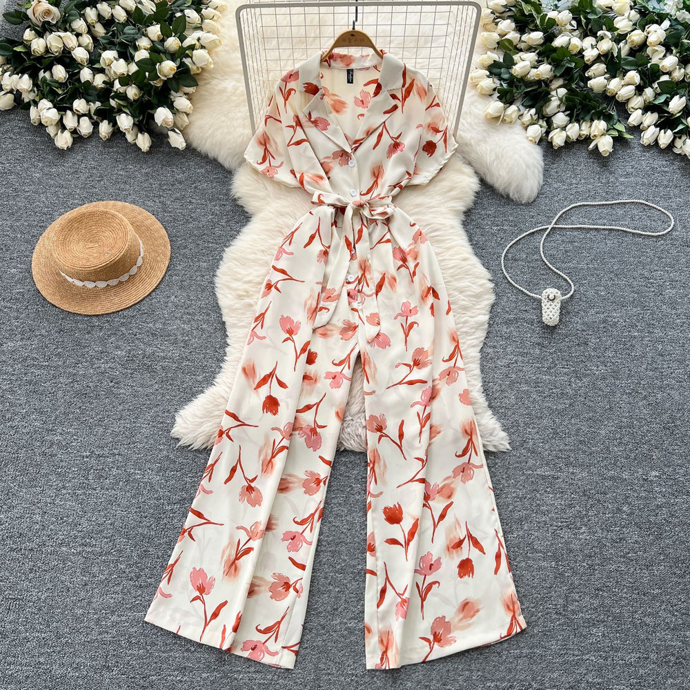 Summer outfit: women's vacation-ready fashion - collared short sleeve tie-waist casual printed wide-leg jumpsuit/pants