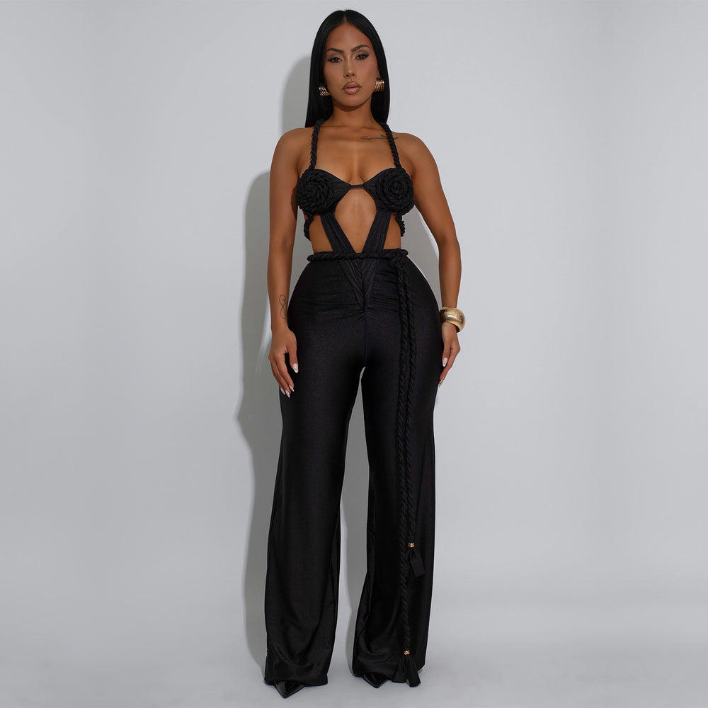 C7557 cross-border   fashion women's solid color sexy bandeau backless tie-up jumpsuit