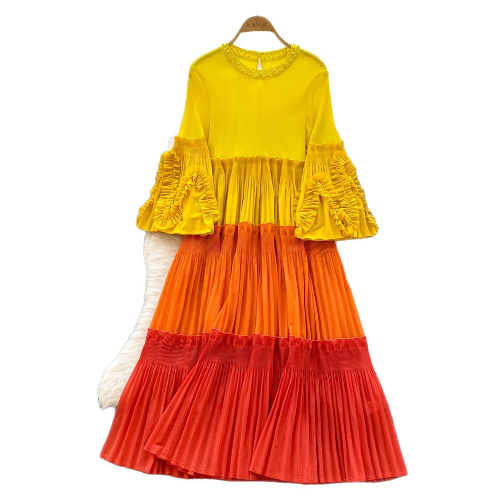 Miyake cross-border wholesale new arrival color matching round neck beading elegantplus size women's miyake pleated dress