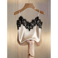 Women's summer new french chic fashion lace trim knitted satin camisole