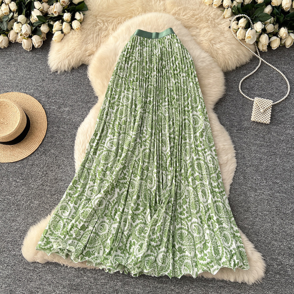Vintage print pleated elastic waist fashion skirt - women's high-waisted a-line skirt - commute-friendly, flowy maxi skirt for summer