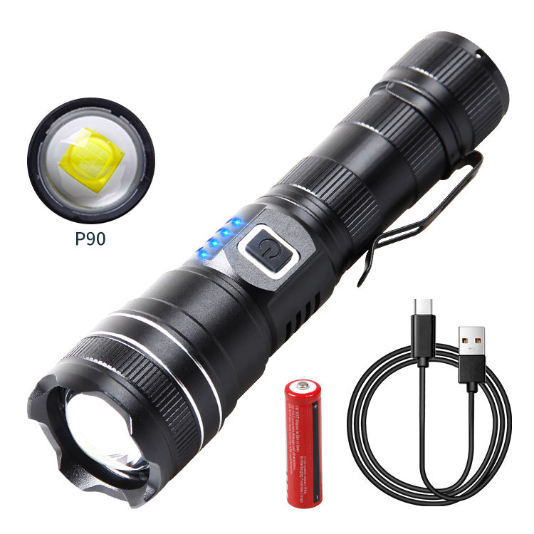 Cross-border new XHP90 power display telescopic zoom remote type-c charging output outdoor LED flashlight