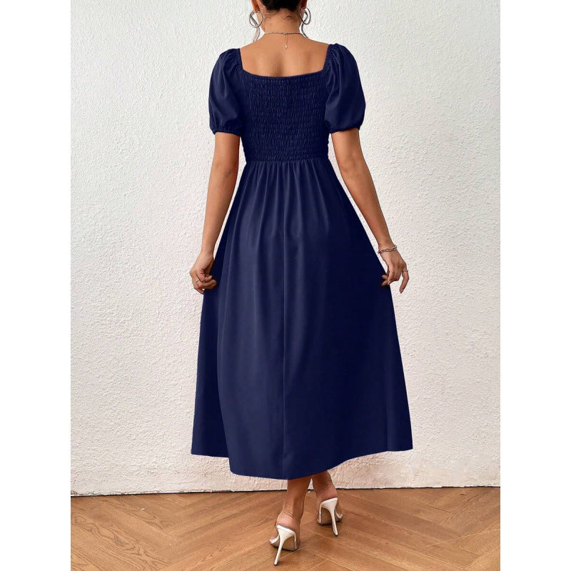fashion  summer new arrival pleated strap slit puff sleeve square neck mid-length dress for women