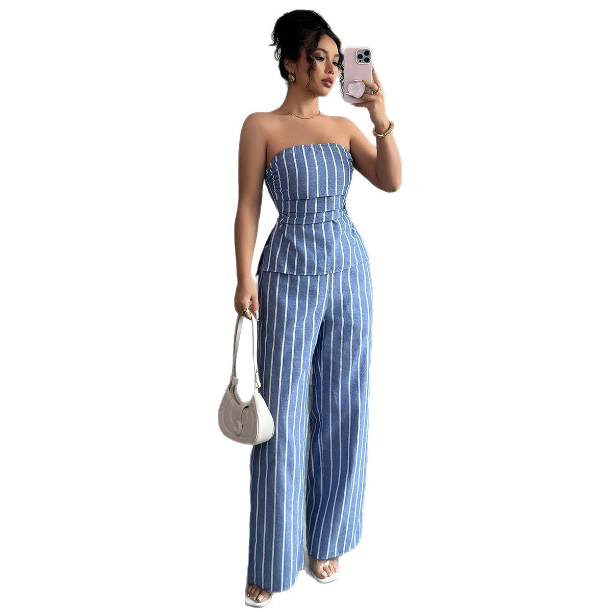 Cross-border fashion elegant tube top striped trousers two-piece suit women's clothing 2025 spring and summer  non-ironing and comfortable