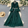 Frenchclassy heavy industry studded cut out round neck stereo flower lantern sleeves strappy waist pleated chiffon dress
