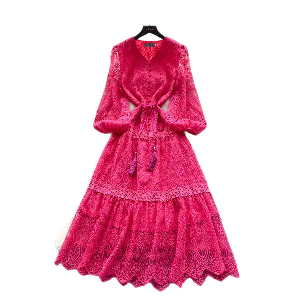 French chic high-end elegant dress - women's premium tie-waist lantern sleeve embroidered mesh a-line midi dress