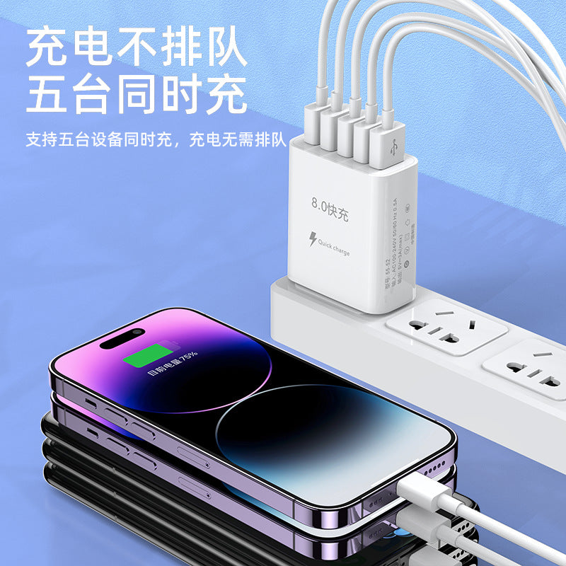 Multi-port charger for android and apple phones - 5-port usb fast charging adapter, 5v 3a quick charge head