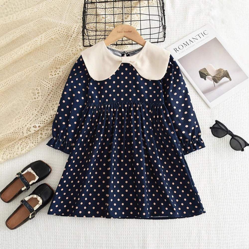 Trendy girls' dress - new autumn collection: long-sleeved, color-blocked polka dot princess dress for baby girls - chic autumn/winter style