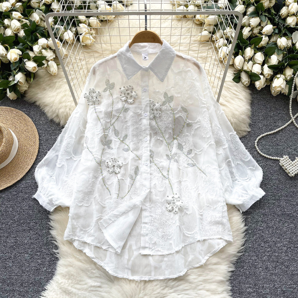 French style women's top - new early autumn long sleeve shirt with heavily embellished diamond and 3d floral embroidery, versatile and slimming chiffon blouse