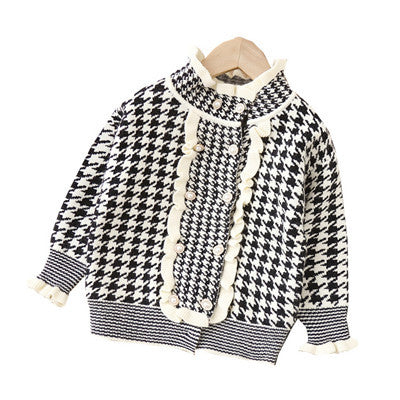 Girls' knitted sweater two-piece set -  autumn/winter houndstooth pattern - little girl's cardigan and sweater for toddlers and young children