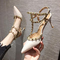 Studded high heel women's stiletto pumps - versatile & chic for summer 2024 - sexy pointed toe t-strap peep-toe rivet sandals
