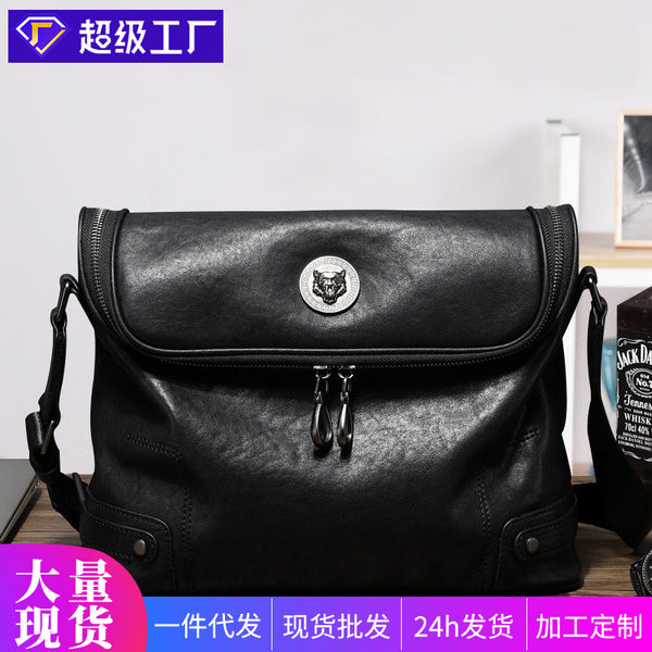 New shoulder bag men's leather casual multi-functional vertical messenger bag first layer cowhide large capacity men's bag trendy and lightweight