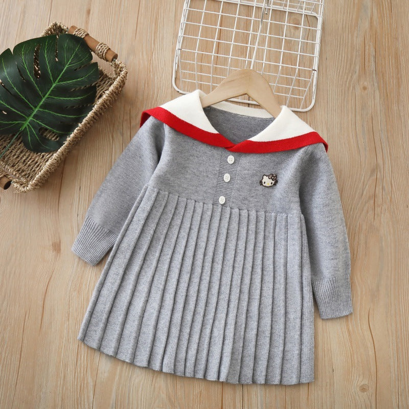 Girls' knit sweater dress - new autumn  collection: navy collar, longline style, preppy look