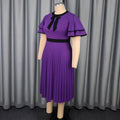 Plus size vintage elegant round neck bowknot pleated skirt double layer ruffle sleeve cinched waist party dress