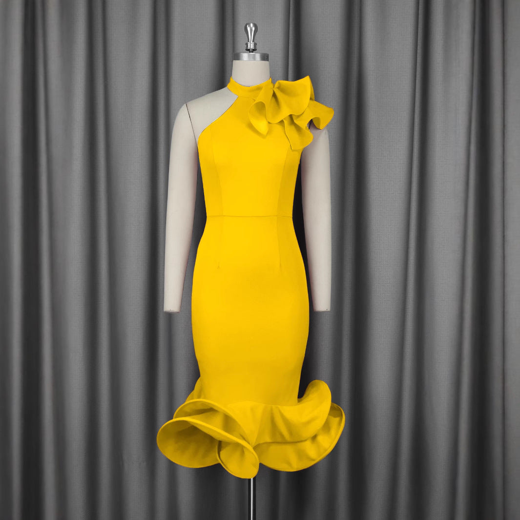 Cross-border European and American elegant semi-turtleneck ruffle dress, off-the-shoulder ruffle hem banquet evening dress Dresses