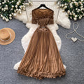 Lightly mature elegance style green pleated mesh dress women's short-sleeved high waist waist pleated long skirt work clothing socialite style