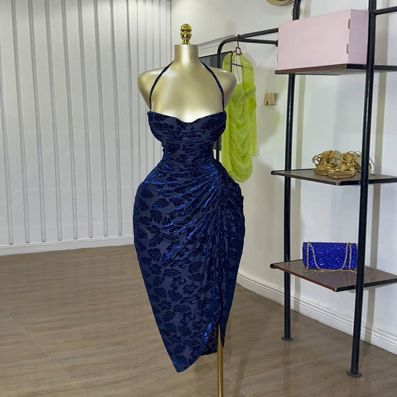 European and american cross-border women's fashion:  summer new arrivals - sexy and elegant halter neck, backless, high-waisted, ruched bodycon dress