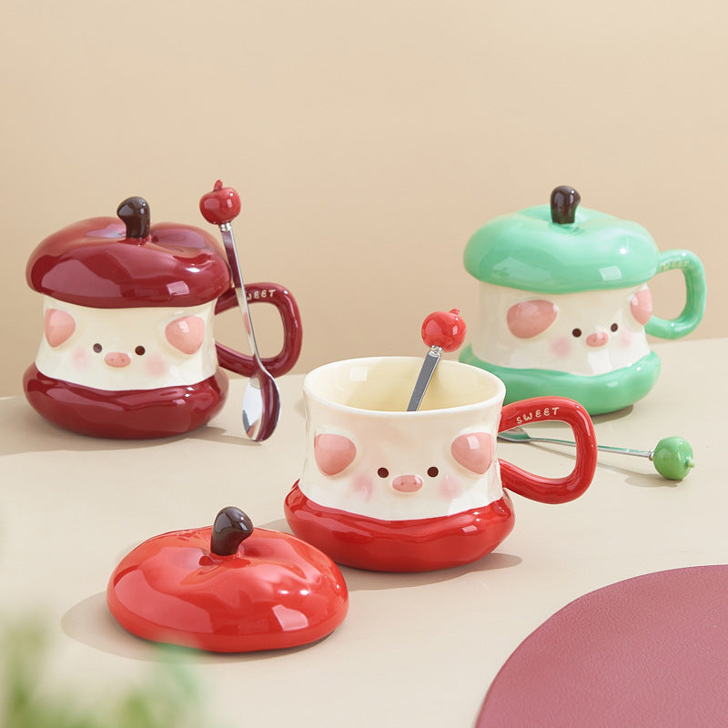 Piggy apple mug ceramic cup underglaze ribbon lid home design cup office coffee cup wholesale