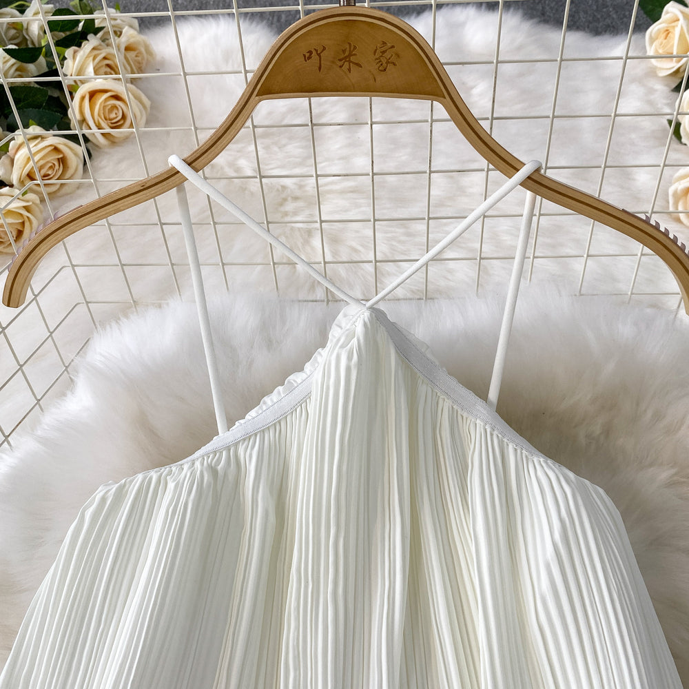 Beach vacation style sexy backless halter sundress - women's summer loose fit flattering tiered cake dress