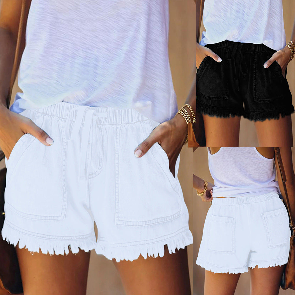 Amazon summer new arrivals  european and american foreign trade elastic waist drawstring casual high-waisted slimming denim shorts women's hot pants