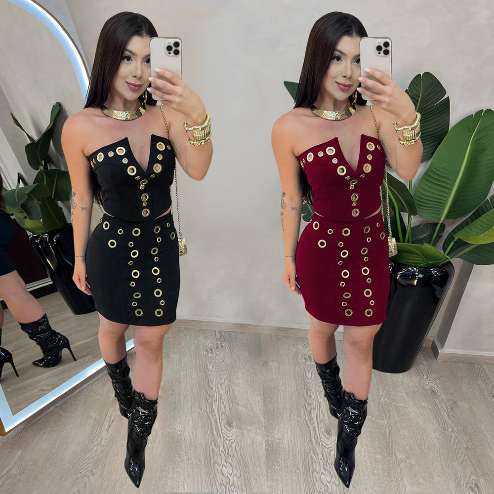 C7477 cross-border   fashion women's sexy bandeau top and mini skirt set - summer collection