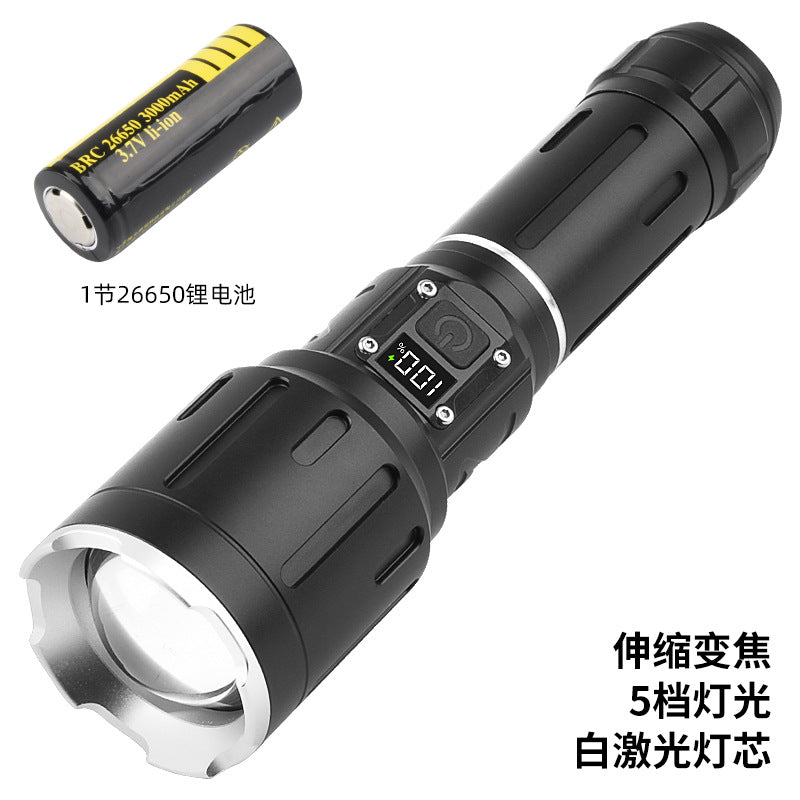 Cross-border new white laser flashlight digital display telescopic zoom TYPE-C charging can output strong light flashlight