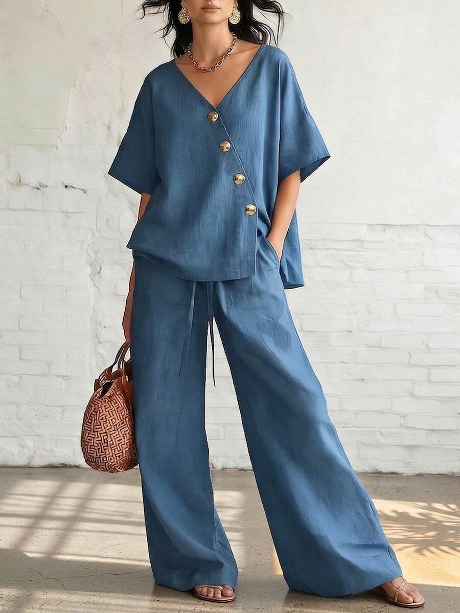 european and american cross-border women's fashion casual solid color v-neck loose short sleeve top and drawstring pants two-piece set
