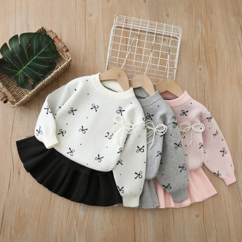 Girls' sweater two-piece set: new korean style, chic bow detail, kids' knitted pullover top and tiered skirt outfit