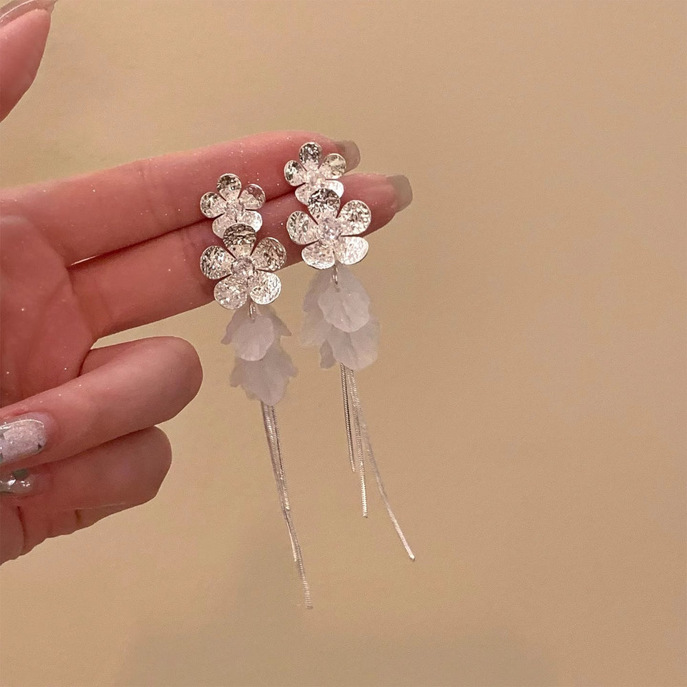 Super sparkling zircon flower beach vacation style tassel long earrings for women, square and round face earrings, 2025 new high-end design