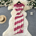 Niche styleretrofashionpolo collar short sleevecontrast colorstripesknittingdress women's waist slit sweater skirt