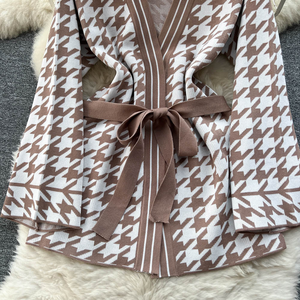 Xiaoxiangfengtwo-piece setautum women's houndstooth gridslong sleevessweatercardiganoutwearhigh waistdrapedcasualpants
