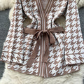 Xiaoxiangfengtwo-piece setautum women's houndstooth gridslong sleevessweatercardiganoutwearhigh waistdrapedcasualpants