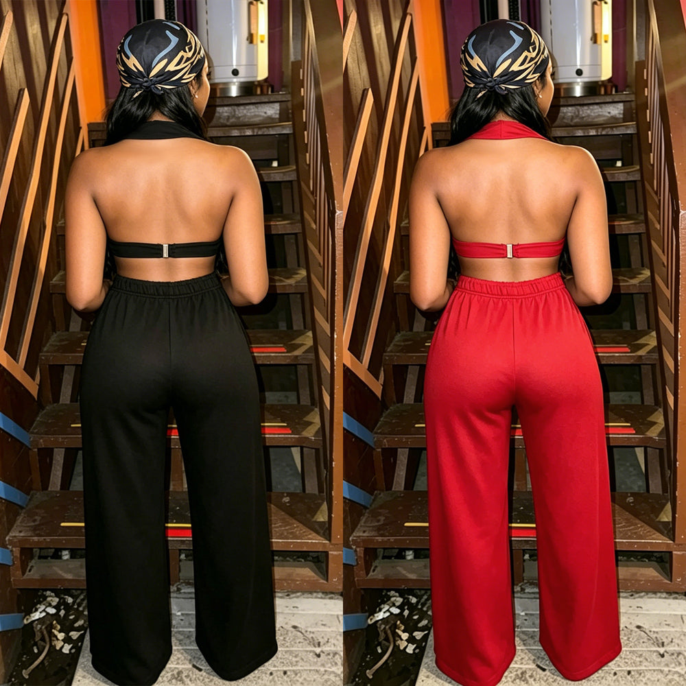 C7712 cross-border   fashion women's fashion trendy eyelet loose straight wide leg pants suit