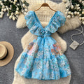 K-style floral sleeveless waistless dress women's summerrufflesv neckhigh waist a-line skirt work clothing pink skirt