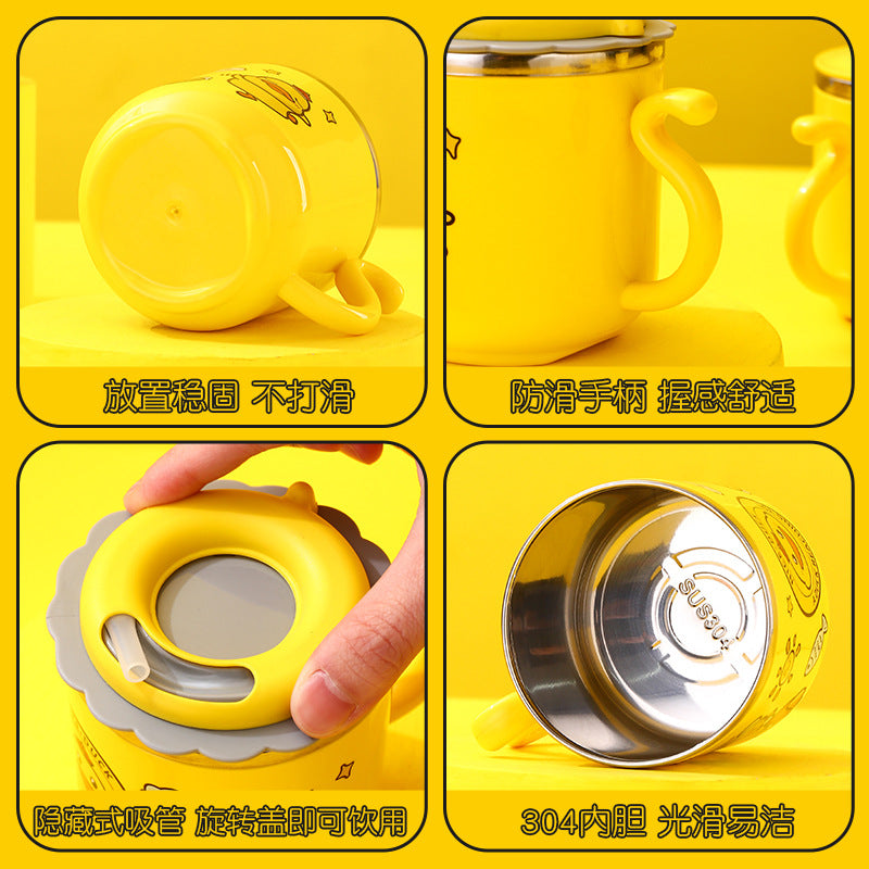 304 stainless steel kids' cup - double-walled, cartoon yellow duck straw cup with lid - perfect for home, kindergarten, and children's day gifts