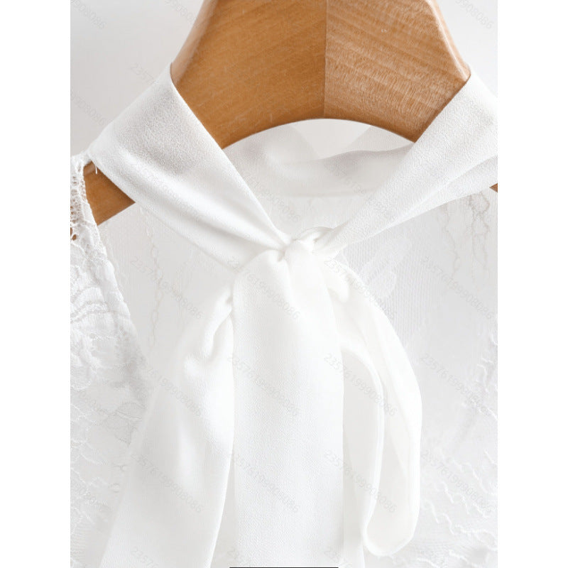 Women's summer new arrival: minimalist elegant solid color lace trim tie-up sleeveless slim-fit fashion tank top