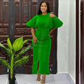 Amazon european and american women's clothing solid color casual fashion african cross-border ruffle sleeve slim fit slit maxi dress