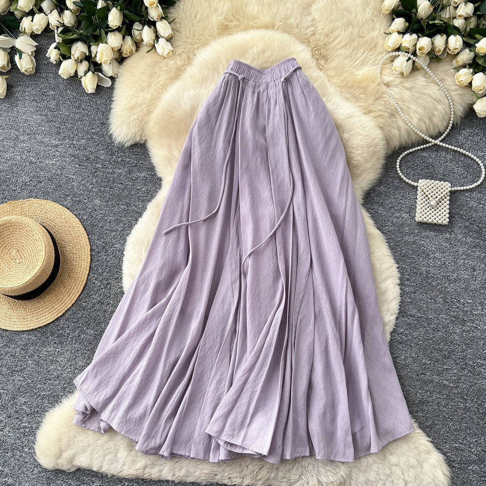 K-style high waist lazy style pleated a-line skirt for women spring and summer large swingeasiest for matchelegant gentle long skirt