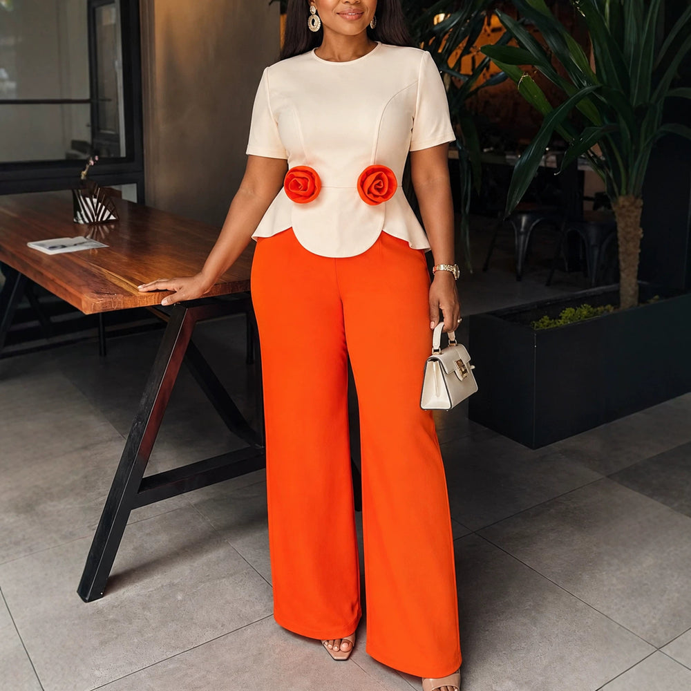 New arrivalpatchworkcontrast color jumpsuit lotus leaf hem stereo flower slimming lookstraight-leg jumpsuit jumpsuits