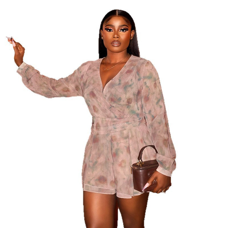 European and american women's clothing  autumn new sweet and fresh mesh print v-neck high waist slimming mini dress