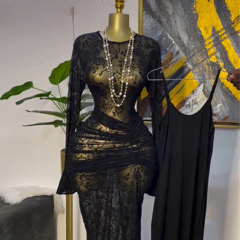 European and american cross-border women's fashion:  autumn new arrivals - sexy sheer round neck ruched print dress with camisole two-piece set
