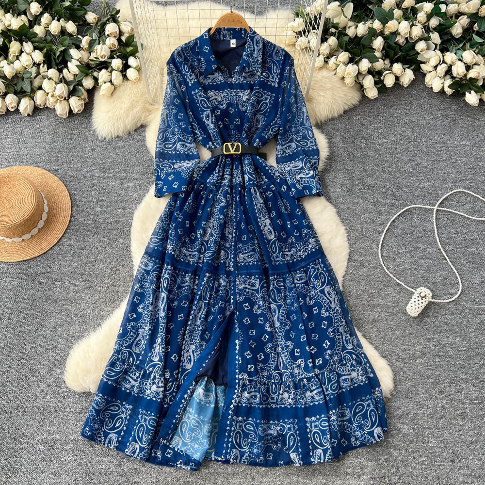French retro fashion printed long sleeve single-breasted tie-waist dress - women's autumn  high-end maxi dress