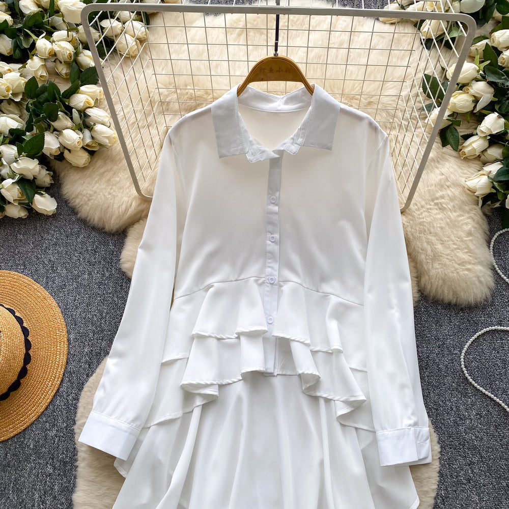 Korean style design lapel long sleeve shirt dress women's summer ruffle asymmetrical midi dress commute elegant